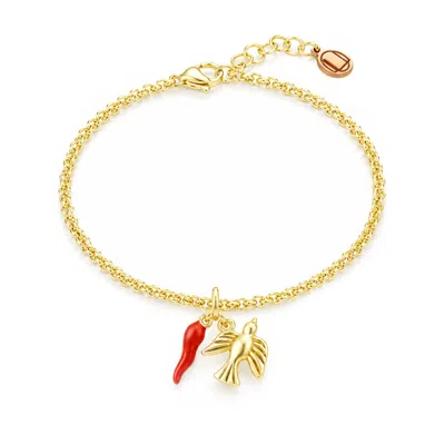 Unaloe Women's Gold / Red Gold Plated Sterling Silver Dove And Red Cornicello Charm Bracelet In Multi