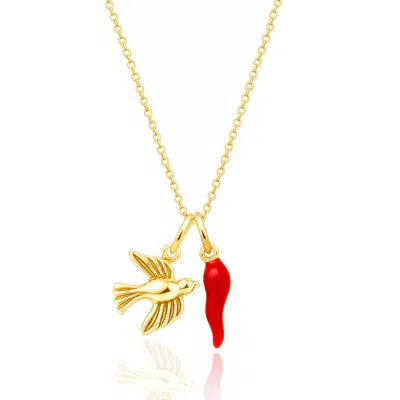 Unaloe Women's Gold / Red Gold Plated Sterling Silver Dove And Red Cornicello Charm Necklace In Multi