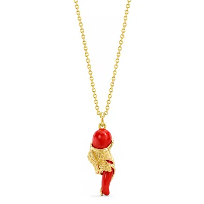 Unaloe Women's Gold / Red Gold Plated Sterling Silver Red Cornicello Leaf Pendant Necklace In Multi