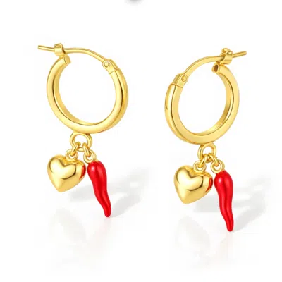 Unaloe Women's Gold / Red Hoop Earrings In Gold-plated – Heart & Red Horn In Multi