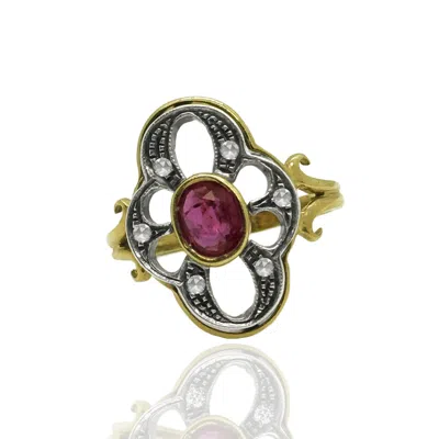Unaloe Women's Gold / Red Nine Kt Solid Gold And Sterling Silver Ring With Ruby And Natural Rose Cut Diamon