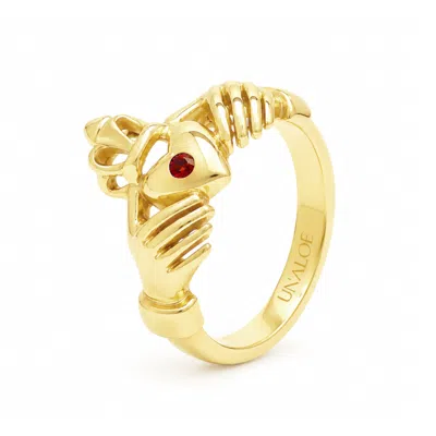 Unaloe Women's Gold / Red Ruby Heart With Hands Ring – Gold-plated Sterling Silver In Gold/red