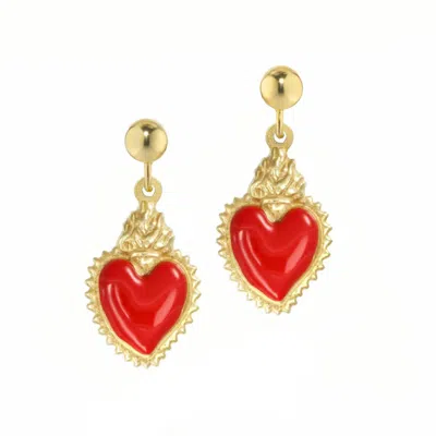 Unaloe Women's Gold / Red Silver Earrings With Gold-plated Red Heart Pendant In Multi