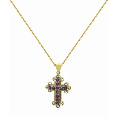 Unaloe Women's Gold / Red / Silver Nine Kt Gold And Silver Cross Necklace, Adorned With Eleven Natural Rubi