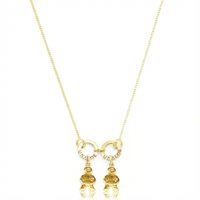 Unaloe Women's Gold Vermeil Necklace With Child Charms – Hammered Boy And Girl Silhouette Pendants, Persona