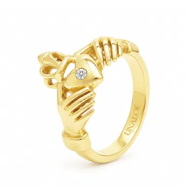 Unaloe Women's Gold / White Diamond Heart With Hands Ring – Gold-plated Sterling Silver In Gold/white