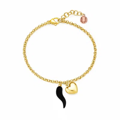 Unaloe Women's Gold / White Gold Vermeil Cornicello & Heart Charm Bracelet – Black Enamel Italian Good Luck