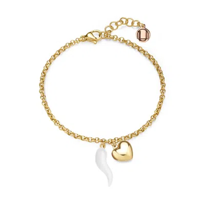 Unaloe Women's Gold / White Gold Vermeil Cornicello & Heart Charm Bracelet – White Enamel Italian Good Luck In Multi
