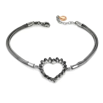 Unaloe Women's Heart Of Roses Bracelet With Double Snake Link Chain In Sterling Silver