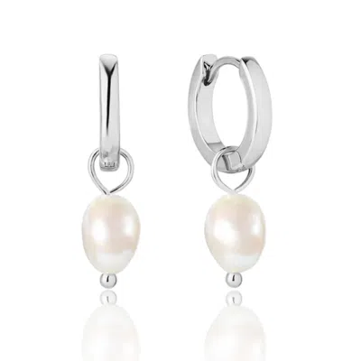 Unaloe Women's Hoop Earrings With Natural Pearl Pendant In Sterling Silver