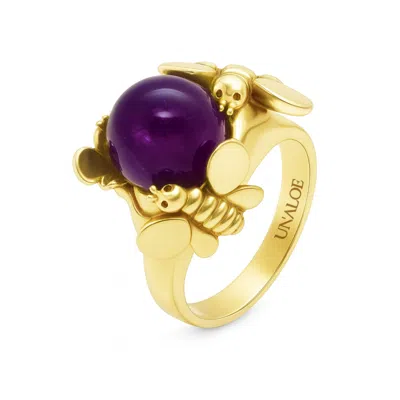 Unaloe Women's Natural Queen Silver Ring, Gold-plated With Natural Amethyst