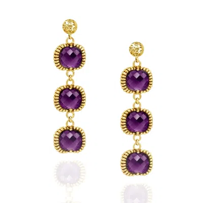 Unaloe Women's Purple / Gold Dangle Earrings Gold Plated – Timeless Elegance With Three Purple Crystal In Multi