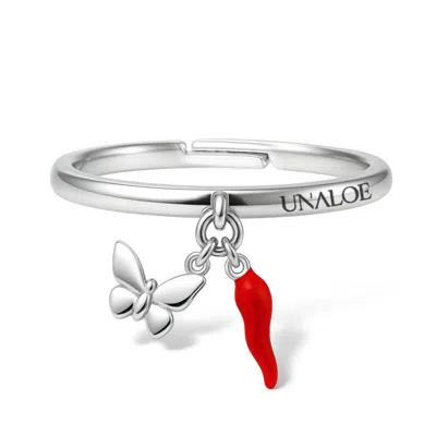 Unaloe Women's Red / Silver Butterfly & Lucky Charm Ring – Adjustable Sterling Silver- In Multi