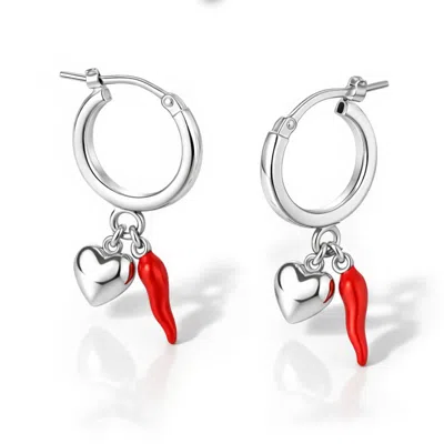 Unaloe Women's Red / Silver Hoop Earrings In Sterling Silver – Heart & Red Horn In Multi