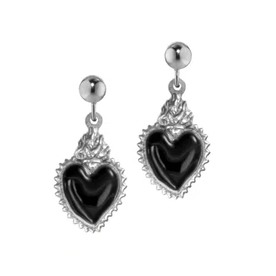 Unaloe Women's Silver / Black Silver Earrings With Black Heart Pendant