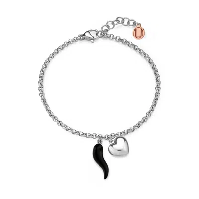 Unaloe Women's Silver / Black Sterling Silver Cornicello & Heart Charm Bracelet – Black Enamel Italian Good In Metallic