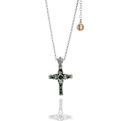 Unaloe Women's Silver / Green Mystic Cross Silver Necklace With Emerald