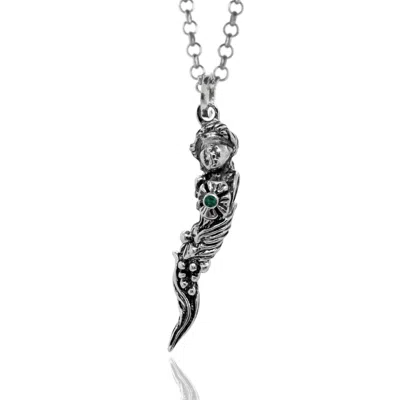 Unaloe Women's Silver / Green Sterling Silver Necklace With Goddess Of Fortune With Natural Emerald
