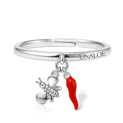 Unaloe Women's Silver / Red Adjustable Sterling Silver Bee And Italian Horn Charm Ring In Multi