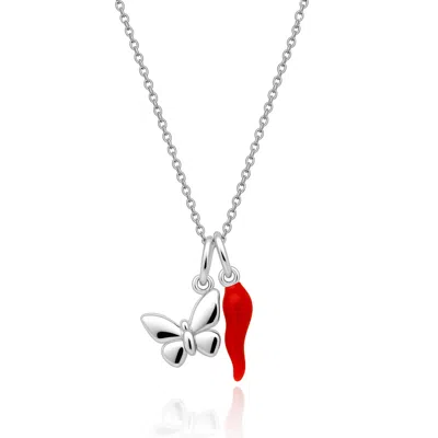 Unaloe Women's Silver / Red Butterfly & Lucky Charm Necklace – Adjustable Sterling Silver Gold Plated-unalo In Multi