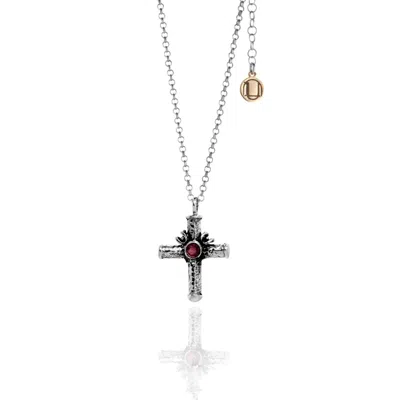 Unaloe Women's Silver / Red Celestial Cross Silver Necklace With Ruby