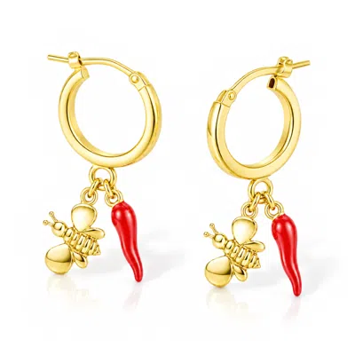 Unaloe Women's Silver / Red Gold Plated Sterling Silver Bee And Red Cornicello Charm Hoop Earrings In Multi