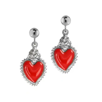 Unaloe Women's Silver / Red Silver Earrings With Red Heart Pendant