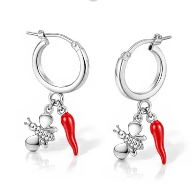 Unaloe Women's Silver / Red Sterling Silver Bee And Red Horn Charm Hoop Earrings In Multi