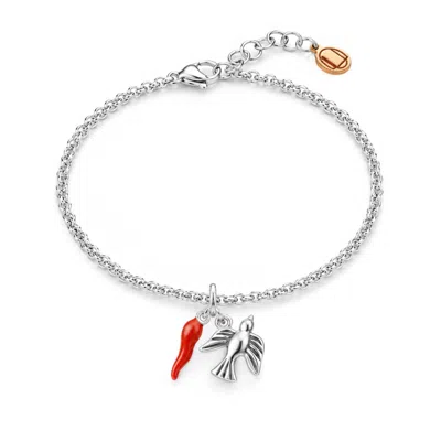 Unaloe Women's Silver / Red Sterling Silver Dove And Red Cornicello Charm Bracelet In Multi