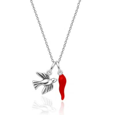 Unaloe Women's Silver / Red Sterling Silver Dove And Red Horn Charm Necklace In Multi