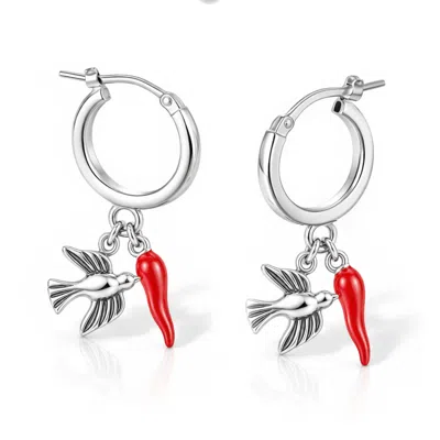 Unaloe Women's Silver / Red Sterling Silver Dove And Red Italian Horn Hoop Earrings In Multi