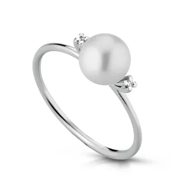 Unaloe Women's Silver Timeless Elegance Solid Gold White Ring With Freshwater Pearl  Diamonds