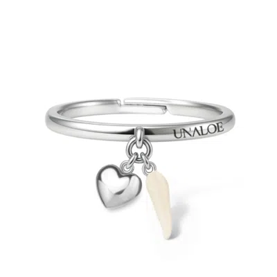 Unaloe Women's Silver / White Adjustable Sterling Silver Heart & White Enamel Italian Horn Ring – Lucky Cha In Metallic