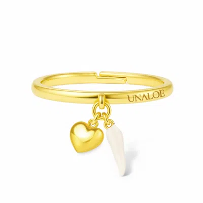 Unaloe Women's Silver / White Gold Vermeil Adjustable White Enamel Heart & Cornicello Ring – Italian Lucky 