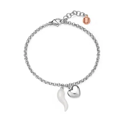 Unaloe Women's Silver / White Sterling Silver Cornicello & Heart Charm Bracelet – White Enamel Italian Good In Gold