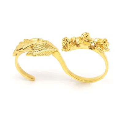 Unaloe Women's Two-finger Ring Adorned With Roses And Leaves In Gold-plated Sterling Silver