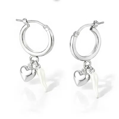 Unaloe Women's White / Silver Hoop Earrings In Sterling Silver – Heart & White Horn In Multi