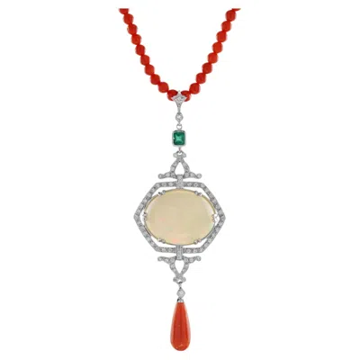 Pre-owned Unbranded 12.42 Ct. Ethiopian Opal Coral Emerald Diamond Art Deco Style 14k White Necklace