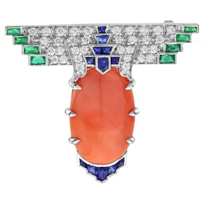 Pre-owned Unbranded 13.91 Ct. Coral Sapphire Emerald Diamond Art Deco Style White Gold Brooch