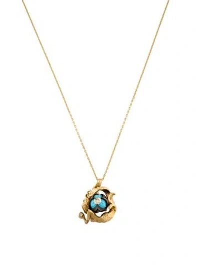 Pre-owned Unbranded 14k Galatea Pearl, Composite Turquoise & Diamond Mermaid Pendant Necklace, 18" In Multi