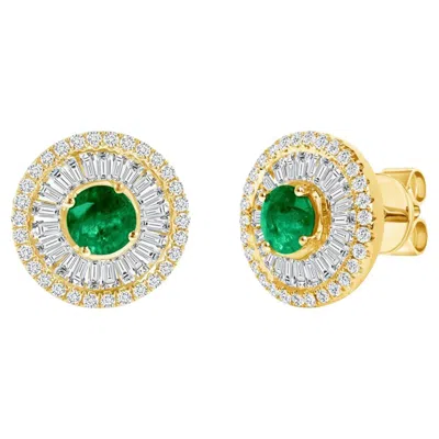 Pre-owned Unbranded 14k Yellow Gold 1 Ct Natural Emerald And 1.12ct Diamonds Stud Earrings