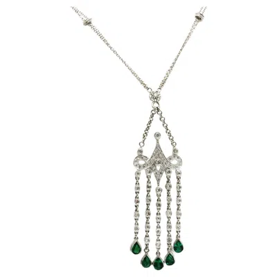 Pre-owned Unbranded 1.53 Ct Natural Emerald 1.58 Ct Diamond 18k White Gold Drop Necklace 16"