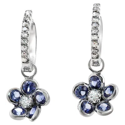 Pre-owned Unbranded 1.54 Ct Natural Blue Sapphire 0.43 Ct Diamonds 18k White Gold Flower Earrings