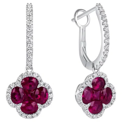 Pre-owned Unbranded 1.70 Ct Natural Ruby 0.44ct Diamonds 18k White Gold Four Leaf Clover Earrings