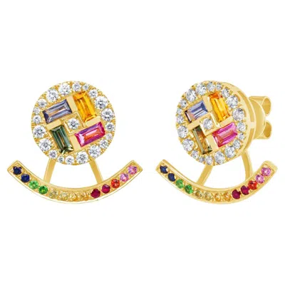 Pre-owned Unbranded 18k Yellow Gold 1.57 Ct Multicolor Sapphire And 0.53 Ct Diamonds Stud Earrings