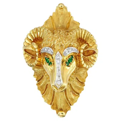 Pre-owned Unbranded 18k Yellow Gold And Emerald Ram's Head Brooch
