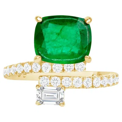 Pre-owned Unbranded 2.69 Ct Zambian Emerald & 0.90 Ct Diamonds In 14k Yellow Gold Engagement Ring