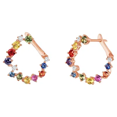 Pre-owned Unbranded 2.70 Ct Multi Color Sapphire 0.50 Ct Diamonds 14k Rose Gold Hoop Earrings In Red
