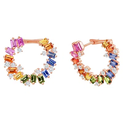 Pre-owned Unbranded 2.70 Ct Multi Color Sapphire 0.50 Ct Diamonds 14k Rose Gold Hoop Earrings In Red