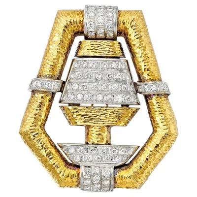 Pre-owned Unbranded 3.24 Ctw Mid-century Style Diamond & Textured 18k Two-tone Gold Brooch In Multi